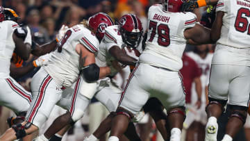 South Carolina football offensive lineman Tro Baugh in 2023 against the Tennessee Volunteers