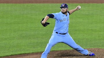 Jul 7, 2021; Baltimore, Maryland, USA;  Toronto Blue Jays starting pitcher Anthony Kay (47) delivers