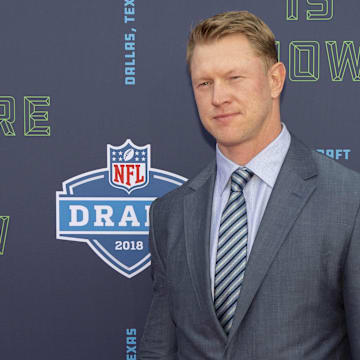 Apr 26, 2018; Arlington, TX, USA; Nebraska and former UCF head coach Scott Frost arrives on the red carpet before the 2018 NFL Draft at AT&T Stadium. Mandatory Credit: Jerome Miron-Imagn Images