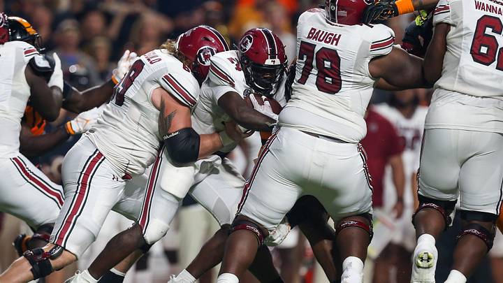 South Carolina football offensive lineman Tro Baugh in 2023 against the Tennessee Volunteers