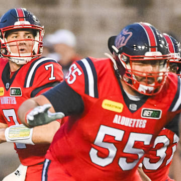 Jul 1, 2023; Montreal, Quebec, CAN; Montreal Alouettes quarterback Cody Fajardo (7) against the Winnipeg Blue Bombers during the first quarter at Percival Molson Memorial Stadium. Mandatory Credit: David Kirouac-Imagn Images