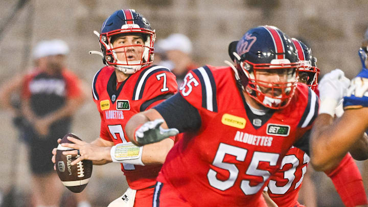 Jul 1, 2023; Montreal, Quebec, CAN; Montreal Alouettes quarterback Cody Fajardo (7) against the Winnipeg Blue Bombers during the first quarter at Percival Molson Memorial Stadium. Mandatory Credit: David Kirouac-Imagn Images