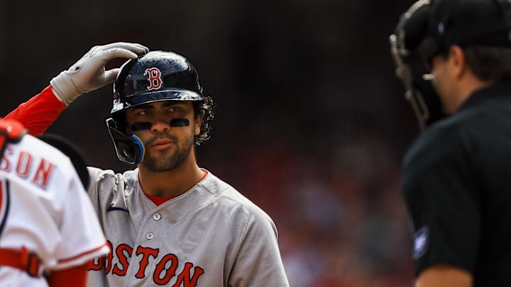 Mar 29, 2026; Cincinnati, Ohio, USA; Boston Red Sox second baseman Marcelo Mayer (11) signals to challenge a pitch in the fourth inning against the Cincinnati Reds at Great American Ball Park. Mandatory Credit: Katie Stratman-Imagn Images