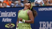 Aug 27, 2024; Flushing, NY, USA; Naomi Osaka (JPN) celebrates after match point against Jelena Ostapenko (LAT)(not pictured) in a women's singles match on day two of the 2024 U.S. Open tennis tournament at USTA Billie Jean King National Tennis Center. 