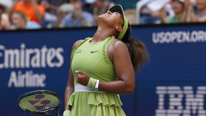 Aug 27, 2024; Flushing, NY, USA; Naomi Osaka (JPN) celebrates after match point against Jelena Ostapenko (LAT)(not pictured) in a women's singles match on day two of the 2024 U.S. Open tennis tournament at USTA Billie Jean King National Tennis Center. 