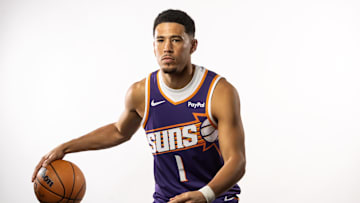 Sep 24, 2025; Phoenix, AZ, USA; Phoenix Suns guard Devin Booker (1) poses for portrait during Media Day at PHX Arena. Mandatory Credit: Mark J. Rebilas-Imagn Images