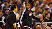 February 3, 2011; Orlando, FL, USA; Miami Heat head coach Erik Spoelstra talks with small forward LeBron James (6) during the second quarter against the Orlando Magic at Amway Center. Mandatory Credit: Kim Klement-Imagn Images