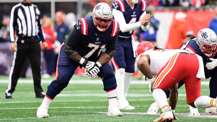 Dec 17, 2023; Foxborough, Massachusetts, USA; New England Patriots guard Mike Onwenu (71) lines up against the Kansas City Chiefs during the second half at Gillette Stadium. Mandatory Credit: Eric Canha-USA TODAY Sports