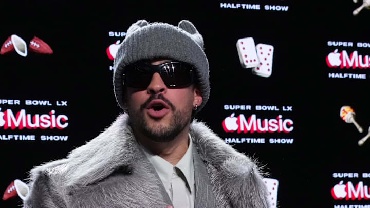 Bad Bunny during the Super Bowl LX halftime show press conference