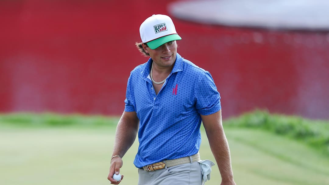 Jul 26, 2025; Blaine, Minnesota, USA; Michael La Sasso reacts on the 18th green during the third round of the 3M Open golf tournament. Mandatory Credit: Matt Krohn-Imagn Images