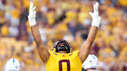 Aug 28, 2025; Minneapolis, Minnesota, USA; Minnesota Golden Gophers defensive lineman Anthony Smith (0) celebrates a sack against the Buffalo Bulls during the first half of the game at Huntington Bank Stadium. Mandatory Credit: Matt Krohn-Imagn Images