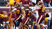 Sep 6, 2025; Minneapolis, Minnesota, USA; Minnesota Golden Gophers linebacker Matt Kingsbury (49) returns a fumble recovery for a touchdown against the Northwestern State Demons during the first quarter at Huntington Bank Stadium. Mandatory Credit: Matt Krohn-Imagn Images