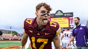 Sep 6, 2025; Minneapolis, Minnesota, USA; Minnesota Golden Gophers defensive back John Nestor (17) celebrates his teams win after the game against the Northwestern State Demons at Huntington Bank Stadium. Mandatory Credit: Matt Krohn-Imagn Images