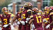 Sep 6, 2025; Minneapolis, Minnesota, USA; Minnesota Golden Gophers defensive back Darius Green (12) celebrates against the Northwestern State Demons during the first quarter at Huntington Bank Stadium. Mandatory Credit: Matt Krohn-Imagn Images