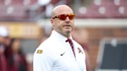 Sep 6, 2025; Minneapolis, Minnesota, USA; Minnesota Golden Gophers head coach P.J. Fleck looks on before the game against the Northwestern State Demons at Huntington Bank Stadium. Mandatory Credit: Matt Krohn-Imagn Images