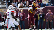 Sep 6, 2025; Minneapolis, Minnesota, USA; Minnesota Golden Gophers wide receiver Javon Tracy (11) catches a touchdown pass against the Northwestern State Demons during the second quarter at Huntington Bank Stadium. Mandatory Credit: Matt Krohn-Imagn Images