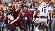Sep 6, 2025; Minneapolis, Minnesota, USA; Minnesota Golden Gophers running back Darius Taylor (1) runs the ball against the Northwestern State Demons during the first quarter at Huntington Bank Stadium. Mandatory Credit: Matt Krohn-Imagn Images