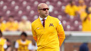 Aug 28, 2025; Minneapolis, Minnesota, USA; Minnesota Golden Gophers head coach P.J. Fleck looks on before the game against the Buffalo Bulls at Huntington Bank Stadium. Mandatory Credit: Matt Krohn-Imagn Images