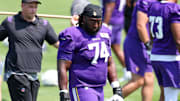 Jul 29, 2025; Eagan, MN, USA; Minnesota Vikings guard Donovan Jackson (74) takes part in drills during the teams training camp at the Minnesota Vikings Training Facility. Mandatory Credit: Matt Krohn-Imagn Images