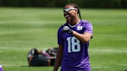 Jul 28, 2025; Eagan, MN, USA; Minnesota Vikings wide receiver Justin Jefferson (18) looks on during the teams training camp at the Minnesota Vikings Training Facility. Mandatory Credit: Matt Krohn-Imagn Images