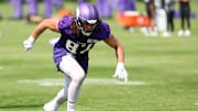 Jul 29, 2025; Eagan, MN, USA; Minnesota Vikings tight end T.J. Hockenson (87) takes part in drills during the teams training camp at the Minnesota Vikings Training Facility.