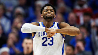 Dec 13, 2025; Lexington, Kentucky, USA; Kentucky Wildcats forward Mouhamed Dioubate (23) reacts to a travel called against the Indiana Hoosiers during the second half at Rupp Arena at Central Bank Center. Mandatory Credit: Jordan Prather-Imagn Images