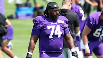 Jul 29, 2025; Eagan, MN, USA; Minnesota Vikings guard Donovan Jackson (74) takes part in drills during the teams training camp at the Minnesota Vikings Training Facility. Mandatory Credit: Matt Krohn-Imagn Images