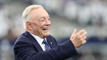 Sep 14, 2025; Arlington, Texas, USA; Dallas Cowboys owner Jerry Jones on the sideilne before the game against the New York Giants at AT&T Stadium. Mandatory Credit: Kevin Jairaj-Imagn Images