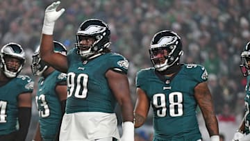 Dec 3, 2023; Philadelphia, Pennsylvania, USA; Philadelphia Eagles defensive tackle Jordan Davis (90) and  defensive tackle Jalen Carter (98) against the San Francisco 49ers at Lincoln Financial Field. Mandatory Credit: Eric Hartline-Imagn Images
