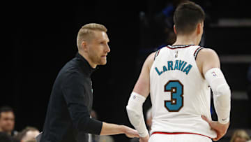 Nov 6, 2024; Memphis, Tennessee, USA; Memphis Grizzlies assistant coach Tuomas Iisalo, filling in for Memphis Grizzlies head coach Taylor Jenkins (not pictured), talks with forward Jake LaRavia (3) during the first half against the Los Angeles Lakers at FedExForum. Mandatory Credit: Petre Thomas-Imagn Images