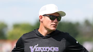 Jul 29, 2025; Eagan, MN, USA; Minnesota Vikings head coach Kevin O'Connell looks on during the teams training camp at the Minnesota Vikings Training Facility. Mandatory Credit: Matt Krohn-Imagn Images