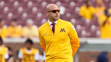 Aug 28, 2025; Minneapolis, Minnesota, USA; Minnesota Golden Gophers head coach P.J. Fleck looks on before the game against the Buffalo Bulls at Huntington Bank Stadium. Mandatory Credit: Matt Krohn-Imagn Images