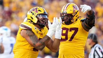 Aug 28, 2025; Minneapolis, Minnesota, USA; Minnesota Golden Gophers defensive lineman Anthony Smith (0) celebrates a sack against the Buffalo Bulls during the first half of the game at Huntington Bank Stadium. Mandatory Credit: Matt Krohn-Imagn Images