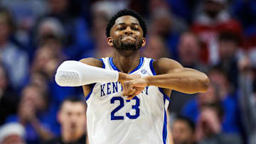 Dec 13, 2025; Lexington, Kentucky, USA; Kentucky Wildcats forward Mouhamed Dioubate (23) reacts to a travel called against the Indiana Hoosiers during the second half at Rupp Arena at Central Bank Center. Mandatory Credit: Jordan Prather-Imagn Images