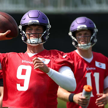 Jul 29, 2025; Eagan, MN, USA; Minnesota Vikings quarterback J.J. McCarthy (9) takes part in drills during the teams training camp at the Minnesota Vikings Training Facility. Mandatory Credit: Matt Krohn-Imagn Images