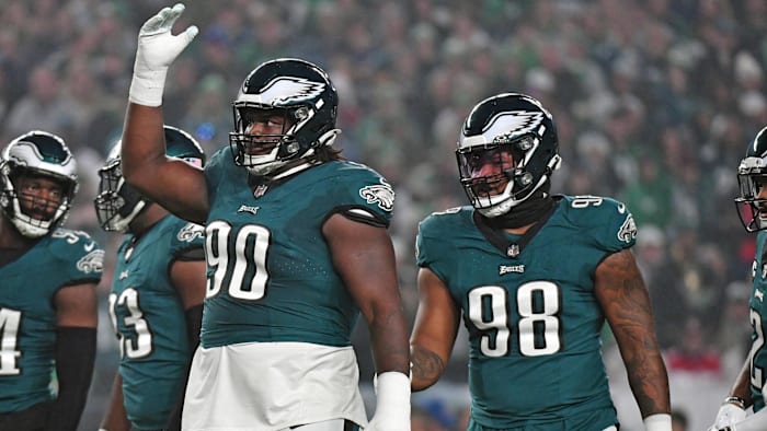 Dec 3, 2023; Philadelphia, Pennsylvania, USA; Philadelphia Eagles defensive tackles Jordan Davis (90) and Jalen Carter (98)