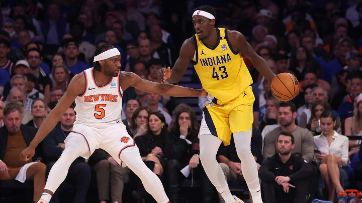 May 6, 2024; New York, New York, USA; Indiana Pacers forward Pascal Siakam (43) controls the ball against New York Knicks forward Precious Achiuwa (5) during the second quarter of game one of the second round of the 2024 NBA playoffs at Madison Square Garden. Mandatory Credit: Brad Penner-USA TODAY Sports