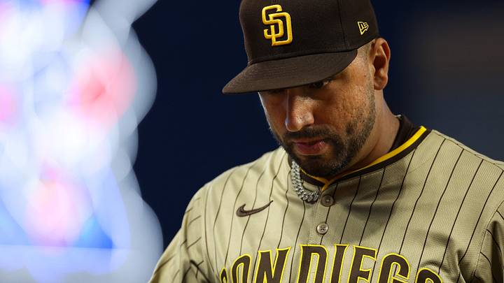 Aug 29, 2025; Minneapolis, Minnesota, USA; San Diego Padres starting pitcher Nestor Cortes (65) walks off the field after being ejected during the fourth inning against the Minnesota Twins at Target Field. Mandatory Credit: Matt Krohn-Imagn Images