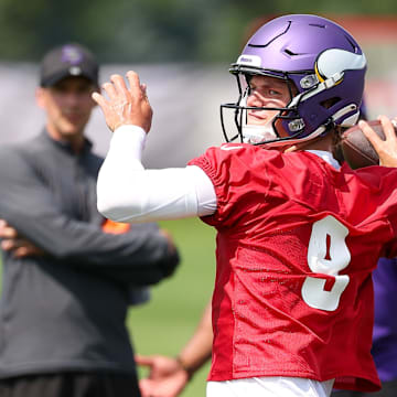 Jul 29, 2025; Eagan, MN, USA; Minnesota Vikings quarterback J.J. McCarthy (9) takes part in drills during the teams training camp at the Minnesota Vikings Training Facility.
