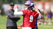 Jul 29, 2025; Eagan, MN, USA; Minnesota Vikings quarterback J.J. McCarthy (9) takes part in drills during the teams training camp at the Minnesota Vikings Training Facility. Mandatory Credit: Matt Krohn-Imagn Images