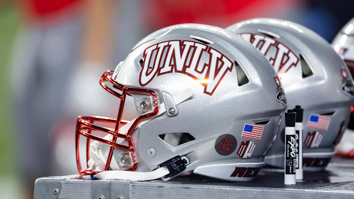 Detailed view of a UNLV Rebels helmet during the Guaranteed Rate Bowl at Chase Field. Detailed view of a UNLV Rebels helmet during the Guaranteed Rate Bowl at Chase Field.