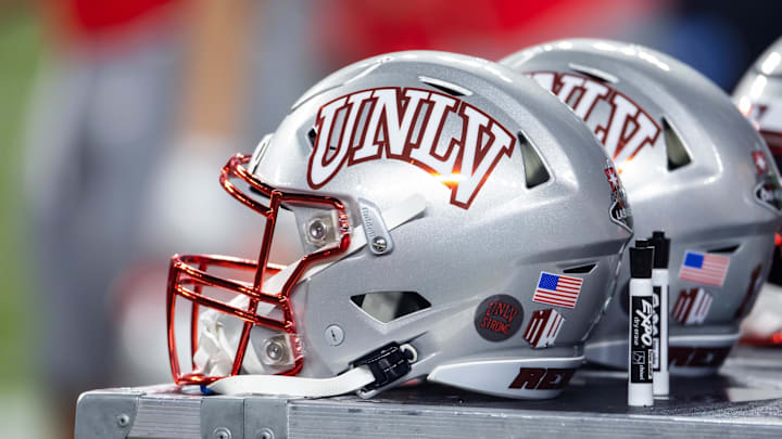 Detailed view of a UNLV Rebels helmet during the Guaranteed Rate Bowl at Chase Field. Detailed view of a UNLV Rebels helmet during the Guaranteed Rate Bowl at Chase Field.