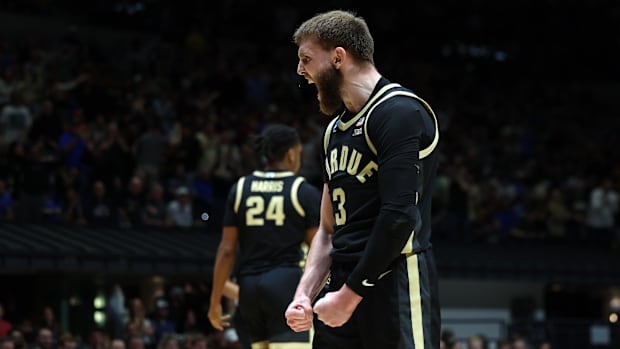 Purdue Boilermakers guard Braden Smith (3) reacts 