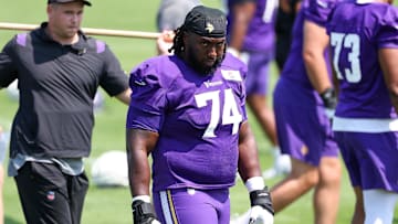 Jul 29, 2025; Eagan, MN, USA; Minnesota Vikings guard Donovan Jackson (74) takes part in drills during the teams training camp at the Minnesota Vikings Training Facility. Mandatory Credit: Matt Krohn-Imagn Images