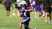 Jul 29, 2025; Eagan, MN, USA; Minnesota Vikings wide receiver Rondale Moore (4) takes part in drills during the teams training camp at the Minnesota Vikings Training Facility.