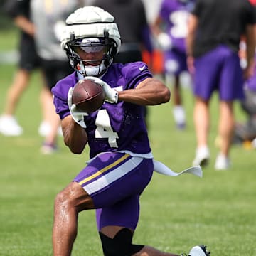 Jul 29, 2025; Eagan, MN, USA; Minnesota Vikings wide receiver Rondale Moore (4) takes part in drills during the teams training camp at the Minnesota Vikings Training Facility.
