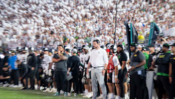 Oregon head coach Dan Lanning watches over his team as the Oregon Ducks face the Penn State Nittany Lions on Sept. 27, 2025, at Beaver Stadium in University Park, Pennsylvania.