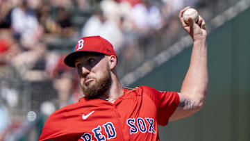 Feb 23, 2025; Fort Myers, Florida, USA; Boston Red Sox pitcher Garrett Crochet (35) pitching in the first inning of their game against the Toronto Blue Jays at JetBlue Park at Fenway South. Mandatory Credit: Chris Tilley-Imagn Images