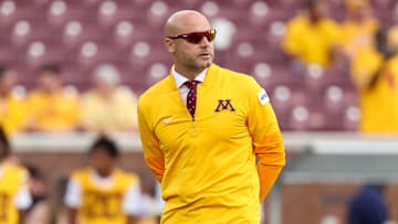 Aug 28, 2025; Minneapolis, Minnesota, USA; Minnesota Golden Gophers head coach P.J. Fleck looks on before the game against the Buffalo Bulls at Huntington Bank Stadium. Mandatory Credit: Matt Krohn-Imagn Images