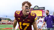 Sep 6, 2025; Minneapolis, Minnesota, USA; Minnesota Golden Gophers defensive back John Nestor (17) celebrates his teams win after the game against the Northwestern State Demons at Huntington Bank Stadium. Mandatory Credit: Matt Krohn-Imagn Images